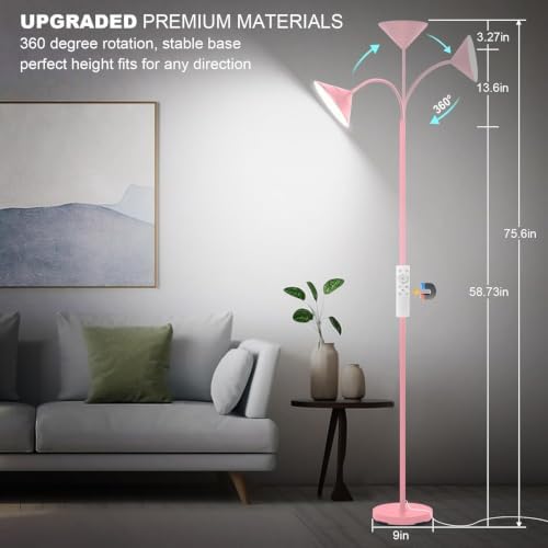 Yikuneng Dimmable LED Floor Lamp, Super Bright Reading Lamps Floor Standing lamp with Remote & Touch Control, Stepless Dimming & 2700K-6500K Color Temperature, for Living Room Bedroom Office, Pink