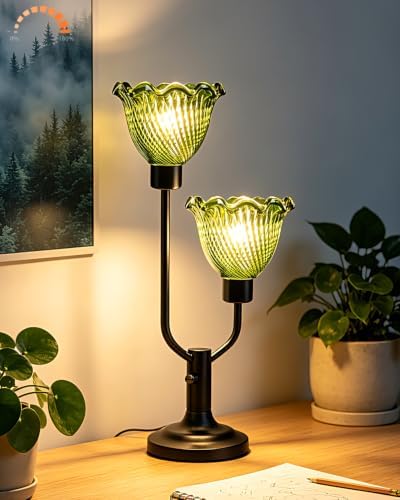 Lightdot Green Glass Flower Table Lamp for Bedroom Vintage Dimmable Lamp