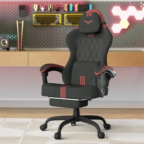 Ferghana Velvet Fabric Gaming Chair – Wider Seat Cushion, Diamond Double-Stitching, Ergonomic High Back with Footrest, Computer Gamer Chair Featuring Massage Lumbar Support for Adults (Black/Red)