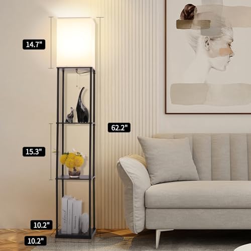 Gupuzm Floor Lamp with Shelves, Modern Square Standing Lamp with 3 Color Temperature Bulb, Corner Display Bookshelf Lamp for Living Room, Bedroom and Office (Black-2 Pack)