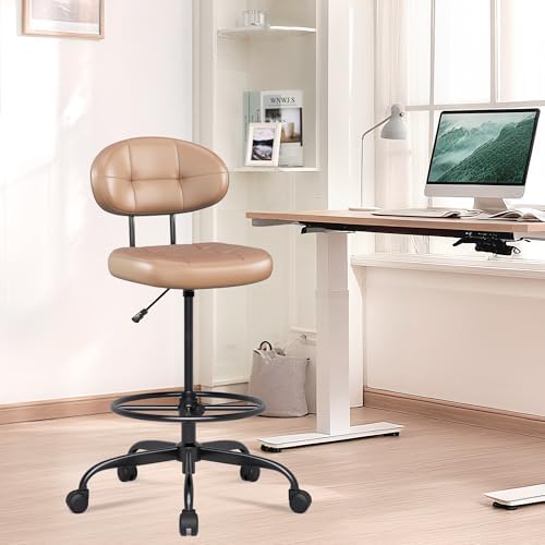Misolant Drafting Chair Without Arms, Tall Office Chair with Footrest Ring for Standing Desk, Small Faux Leather Executive Office Chair with Adjustable Height for Bar Lab Counter Height Desk, Brown