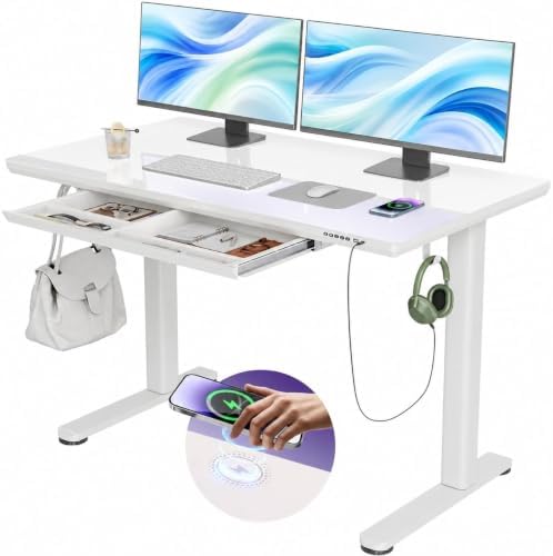 YDN Wireless Charging Glass Standing Desk with Drawer 48 Inches Super White