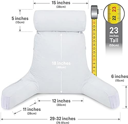 Husband Pillow Medium Reading Pillow with Arms - 23" Backrest for Sitting Up in Bed - Firm Support Bed Rest Pillow for Adults, Neck Roll, Removable Cover - TV, Reading, Lounging - White
