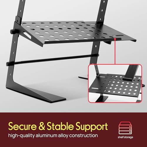 Pyle Adjustable DJ Laptop Stand with Two-Tier Storage Shelf – Portable Table for Laptop, CD Player, DJ Controller, EFX/Lighting Gear, 4 Heights, Durable, 8 lb Capacity