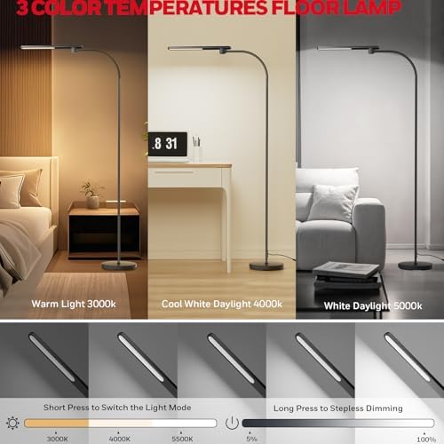 Honeywell LED Floor Lamp with Remote, CRI97 Dimmable Gooseneck 77" Black