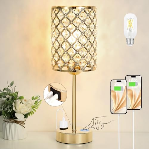 Hong-in Gold Lamps for Night Stands, Crystal Table Lamp with Touch Control