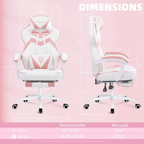 Vonesse Gaming Chair, High Back Pink Gaming Chair with Footrest and Massage, Gaming Chairs for Adults with Pocket Spring Cushion, Big and Tall Reclining Computer Chair with Lumbar Support (White/Pink)