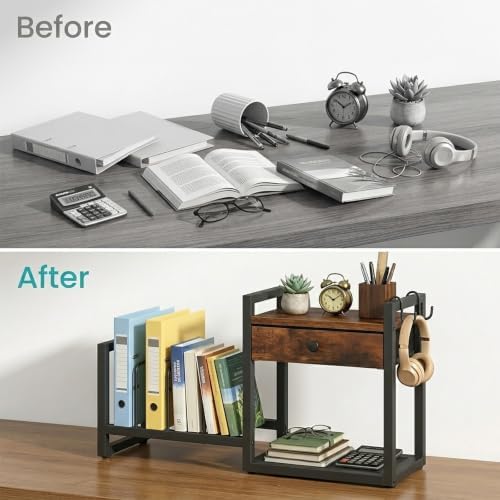 MAHANCRIS Desktop Shelf Organizer, 2-Tier Wooden Desk Bookshelf, Small Tabletop Book Shelf with Drawer and Hooks, Countertop Storage Rack for Home, Office, Dorm, Rustic Brown POHR2201