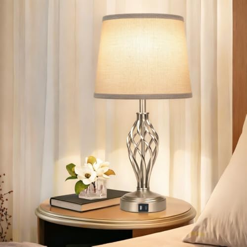Ruiever Touch Table Lamps Set of 2, nightstand lamp with USB Ports Bedside 3 Way Touch dimmer Desk lamp for Living Room Bedroom,Nickel Spiral Cage Grey Shade, Warm White dimmer Bulbs Included.