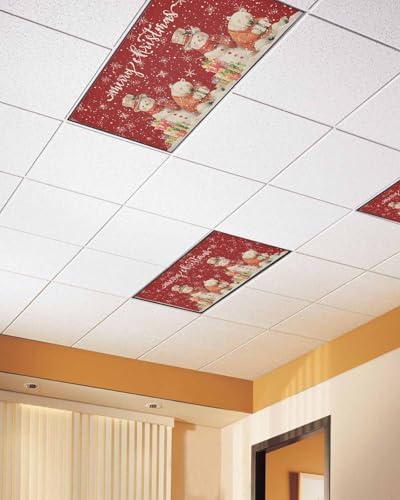 Red Christmas Magnetic Fluorescent Light Covers for Ceiling Lights 2 x 4 Feet,Country Snowflakes Snowman Bear Farmhouse Office Classroom Kitchen Drop Ceiling Light Covers Filters Shade Panel 3 Packs