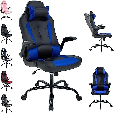 High Back PU Leather Office & Gaming Chair - Comfortable, Big & Tall, Height Adjustable, Heavy Duty Racing Chair with Headrest & Lumbar Support (Blue)