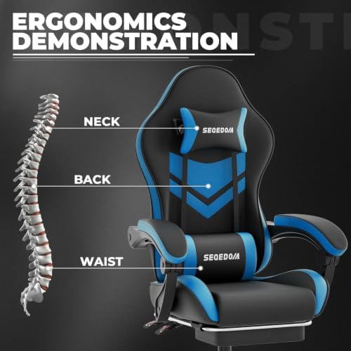 Gaming Chair with Footrest & Massage Lumbar Support, PU Leather Ergonomic High Back Swivel Height Adjustable Chair for Adults, Office Gaming, 300 lbs (Black Blue)