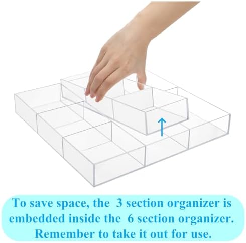 Peohud 2 Pack Acrylic Drawer Organizer Tray, 6/3 Section Clear Makeup Tray Organizer for Drawer, Junk Drawer Storage for Office Desk Supplies and Accessories