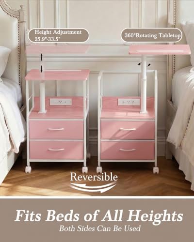 Faesun Night Stand with Charging Station & Swivel Top, Pink
