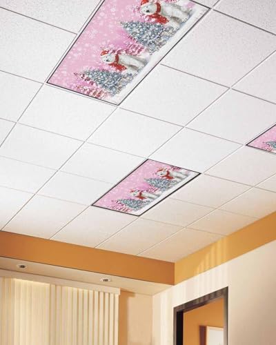 Pink Christmas Magnetic Fluorescent Light Covers for Ceiling Lights 2 x 4 Feet,Snowflakes Retro Snowy Xmas Tree Bear Office Classroom Kitchen Drop Ceiling Light Covers Filters Shade Panel 3 Packs