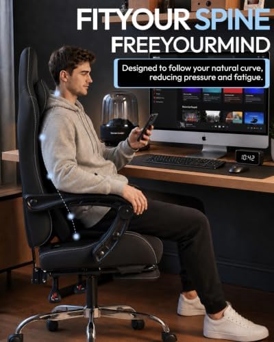 Dowinx Ergonomic Gaming Chair with Footrest & Massage Lumbar, 2D-Linkage Armrests for Computer Chair 330lbs with Headrest Pillow for Office, Home, Streaming and Long Gaming Sessions, Fabric Black
