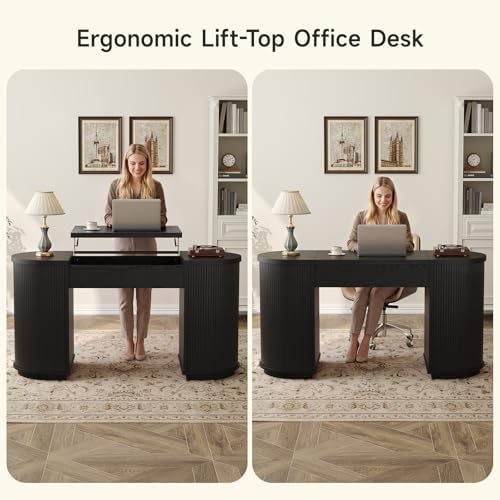 ONBRILL 59 Inches Office Desk with Lift Top, Fluted Executive Desk Black