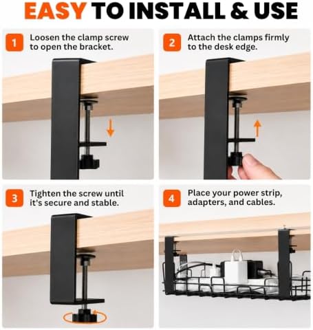Under Desk Cable Management Tray 2 Pack, No Drill, Clamp Mount, Black