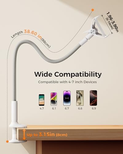 SAIJI Gooseneck Phone Stand for Bed, Lazy Bracket Cell Phone Holder Long Arm Clip Clamp Mount for Filming, Compatible with 4-7'' Mobile Cell Phone Stand Document Camera Nintendo Switch(Grey)