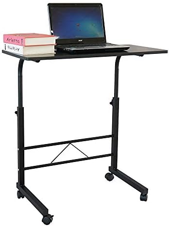 TV Tray Bed Side Table, Portable Rolling Desk Hospital Bed Laptop Table, Small Standing Desk with Wheels Adjustable Height for Sofa, Bedside, Tablet Use, Secure Non Tilt, 31.5" W, Black