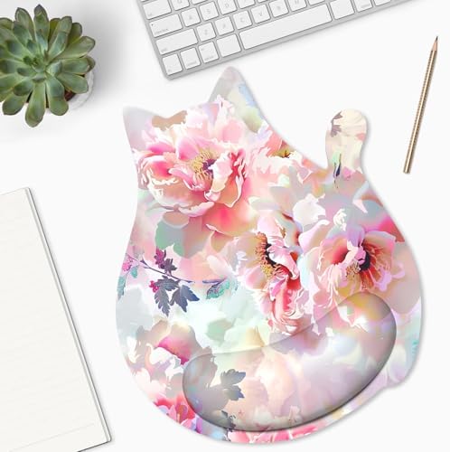 Ergonomic Mouse Pad with Wrist Rest, Cute Cat Memory Foam Padded Pain Relief Non-Slip Wrist Support Mouse Mat for Gaming Work Computer Laptop, Funny Office Supplies Desk Accessory, Pink Flower