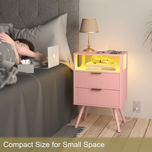 JOONEE Pink Nightstand with Charging Station and LED Lights,Modern Bedside Table with 2 Storage Drawer and Open Wood Shelf, for Bedroom and Small Spaces,Night Stand with Solid Wood Legs,Pink