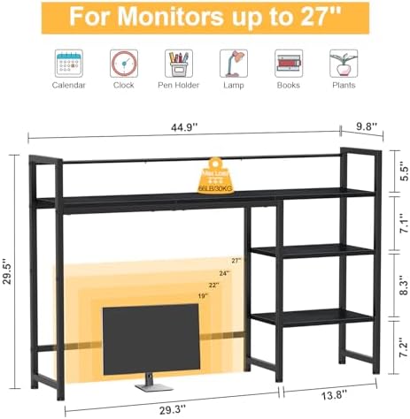 Snughome Desk Shelf, 44.9" Large Desktop Organizer Shelf, Desk Hutch for Monitor, 4 Tier Display Rack, Wooden Desktop Bookshelf Storage Rack for Home Office Dorm