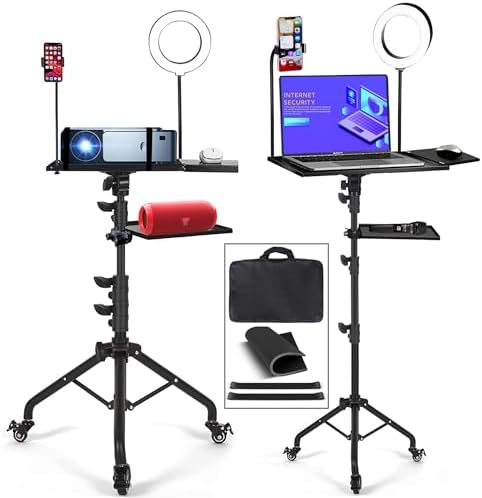 Projector Tripod Stand with Wheels Laptop Tripod Stand Projector Tripod Laptop Stand Floor Stand Live Stream stand Treadmill Stand Music Stand with 6" LED Ring Light for Online Meeting Recording