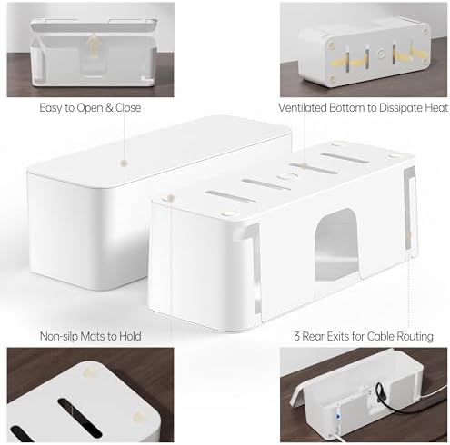 YECAYE 2 Pack Cable Management Box, Pet Friendly Cable Box Organizer for Home & Office, Child-Proof Floor Cord Cover, Cord Management and Cord Hider, White