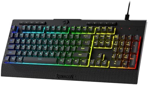 Redragon K525 RGB Backlit 104 Keys Wired Membrane Gaming Keyboard w/ 5 Multimedia Keys & 4 Extra On-Board Macro Keys, Dedicated Media Control, Ergonomic Wrist Rest, Linear Mechanical-Feel Switch