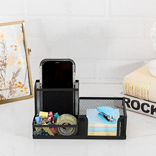 Black Mesh Pen Holder - Multipurpose Mesh Desk Organizers Large Capacity Office Supplies with Sticky Notes Holder and 3 Compartments 4 Non-slip Mats Easy Storage Suitable for School, Home