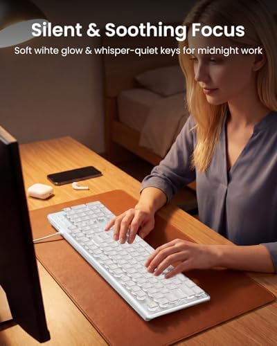 SEUNKWANG Wired Backlit Keyboard with Pudding Keycaps, Quiet Full Size Computer Keyboard White Backlight Easy-to-Read, Never Fade, Metal Panel, USB Cute Desk Setup for Windows PC Desktop, White