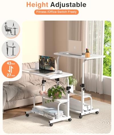 QZMDSM Portable Desk with Wheels Small Standing Desk on Wheels Adjustable Height Rolling Desks for Small Spaces, 32" Computer Desks with Storage Shelves for Home Office Study White