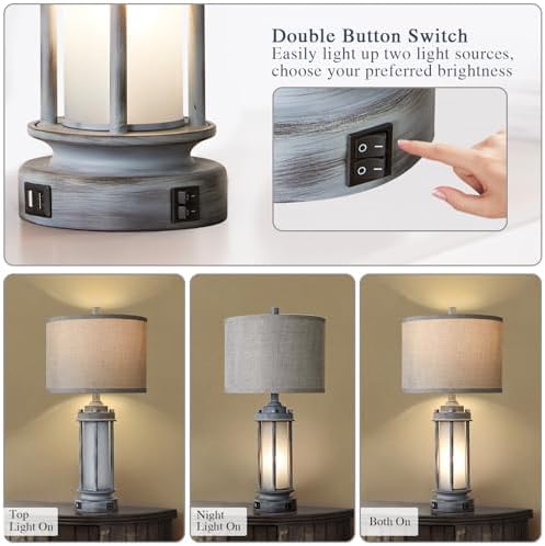 AIEAMPDO 25" Rustic Farmhouse Nightstand Lamp with 2 USB C+A Ports