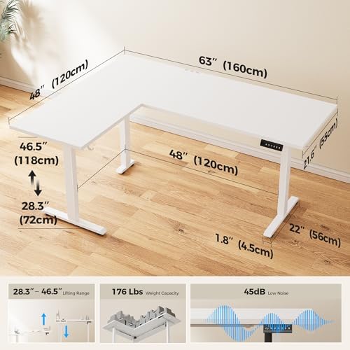 Agilestic L Shaped Standing Desk 63 inch Adjustable Height, Electric Corner Standing Desk, Sit Stand Computer Table with Splice Board, White