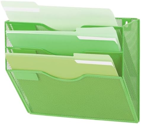 EASEPRES 3 Pocket Mesh Hanging Wall File Organizer, Wall Mounted Mail Paper Document Folder Holder, Clipboard Storage Organization Magazine Rack with Nametag Label for Office Home School, Green