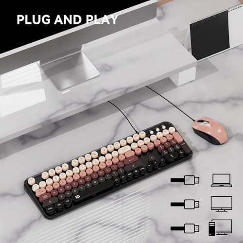 FOPETT 8870P Wired Keyboard and Mouse Combo - Full-Sized Computer Keyboards with 104 Round Keys Retro Typewriter Mouse and Keyboard for PC Windows Desktop Laptop - Black-Berry Colorful