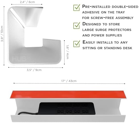 Scanfield Under Desk Cable Management Tray, No-Screw, 17-Inch, 2-Pack White
