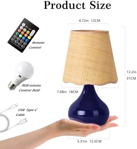Cordless Table Lamp Rechargeable, Navy Blue Mini Bedroom Lamps for Bedside Nightstand, Rattan Shade Small Table Lamps for Small Spaces for Kitchen Counter, Bookshelf, Home Office, Living Room, Dorm