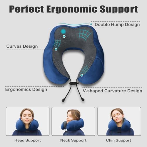 Travel Pillow, Memory Foam Neck Pillow for Traveling, U Shape Neck Pillow Airplane Portable Flight Pillow Travel Kit with 5D Contoured Eye Masks and Earplug for Plane Train Car Home Office - Blue