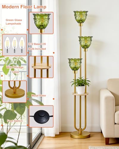 3-Light Green Tulip Glass Floor Lamp with Side Table, Mid Century Modern Gold Tall Standing Lamp, 3000K Warm White Bulbs Included, Vintage Floor Lamp for Living Room Bedroom Sofa Corner Decor