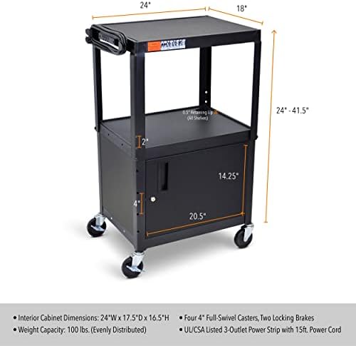 Line Leader AV Cart w/Locking Cabinet, Black Metal Utility Cart with Storage Shelf - Height Adjustable, Mobile and Great for Offices, Classrooms, Libraries (Black, 24in x 18in)