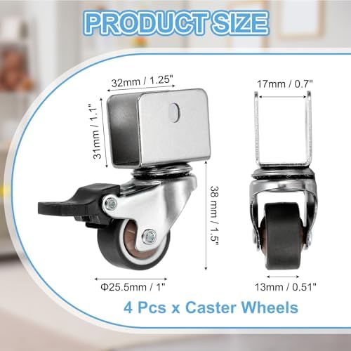 PATIKIL 1 Inch Caster Wheels, 4 Pcs Swivel Casters with Break 0.7" U Bracket Opening 55 Lb Capacity Per Caster for Furniture Office Chairs Carts and Cabinets, Brown