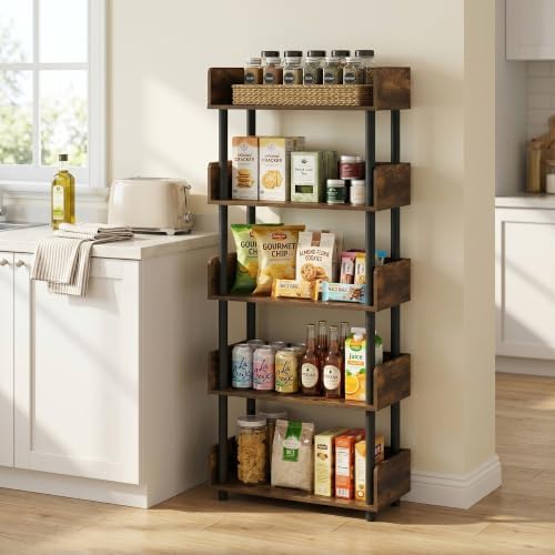 Furinno TURN-N-TUBE 5-Tier Display Shelf, Storage Shelves, Book Shelf, Open Shelves with Rounded Corner Top Edges, for Organization and Storage, Living Room, Home Office, Amber Pine