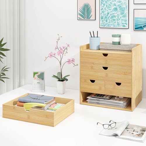Bamboo Desk Drawer Organizer, Large Desktop Organizer with Drawers Tabletop Storage Organization Box for Office Home Toiletries Supplies Vanity, No Assembly Required (2 Drawer with Shelf)