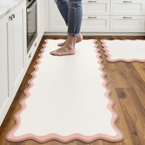 Arenarug Scalloped Kitchen Mats for Floor, Pink Kitchen Rugs Set of 2