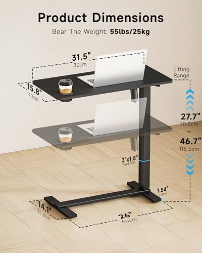 BIZUM Small Electric Standing Desk Bedside Table with Hidden Wheels 31.5 x 15.8 Inch Adjustable Computer Laptop Office Desk, Black