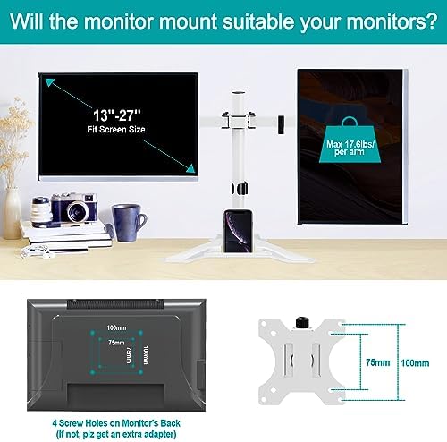 MOUNT PRO Dual Monitor Stand, Free-Standing Full Motion Monitor Desk Mount Fits 2 Screens up to 27 inches,17.6lbs with Height Adjustable, Swivel, Tilt, Rotation, VESA 75x75 100x100,White