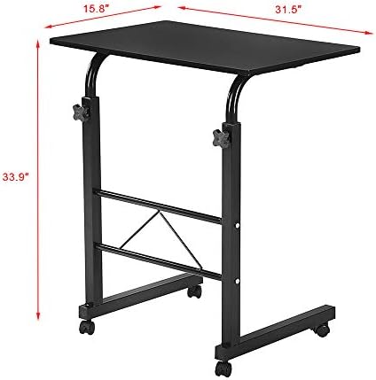 TV Tray Bed Side Table, Portable Rolling Desk Hospital Bed Laptop Table, Small Standing Desk with Wheels Adjustable Height for Sofa, Bedside, Tablet Use, Secure Non Tilt, 31.5" W, Black