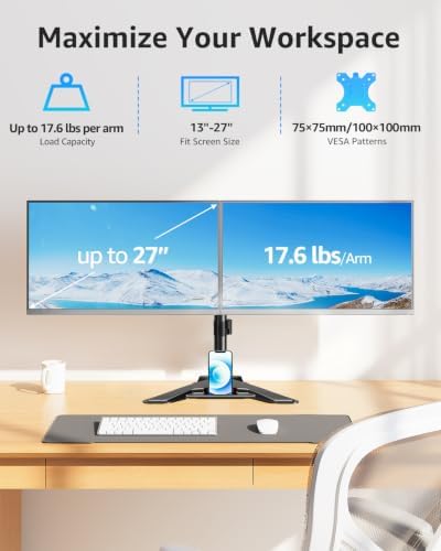 MOUNTUP Dual Monitor Stand - Freestanding & Height Adjustable Monitor Desk Mount, Steady VESA Mount Holds Max 17.6 lbs, Computer Monitor Stand for 2 Screens up to 27 inches, For Home Office